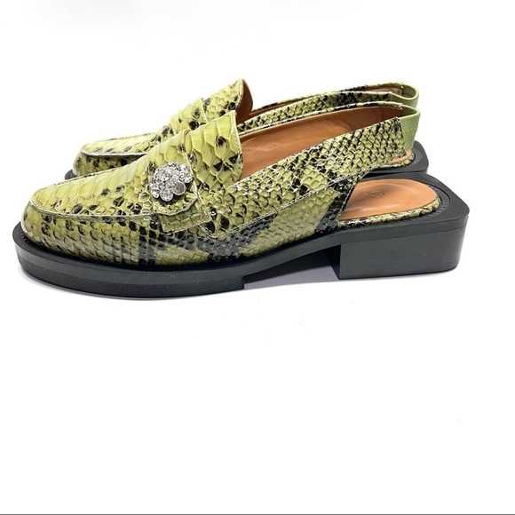 Ganni Snakeskin Slingback Loafers Green Shoes - Picture 3 of 7